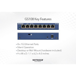 NETGEAR (GS108AU) 8-PORT UNMANAGED SWITCH, GbE(8), LIFE WTY