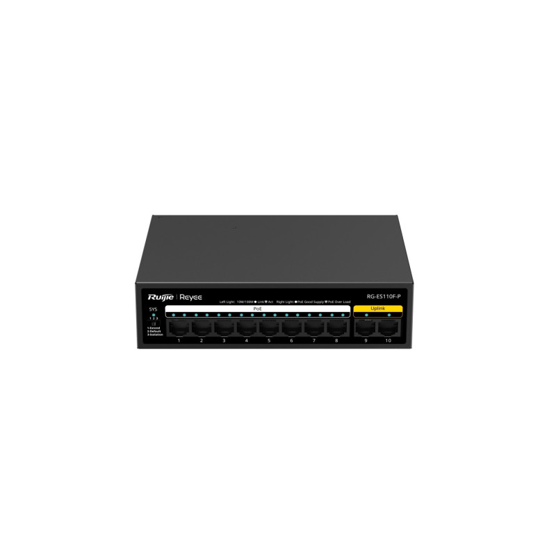 RUIJIE REYEE 10P 10/100MBPS UNMANAGED FANLESS SWITCH-POE (8 PORTS) (110W)-METAL CASING,3YR