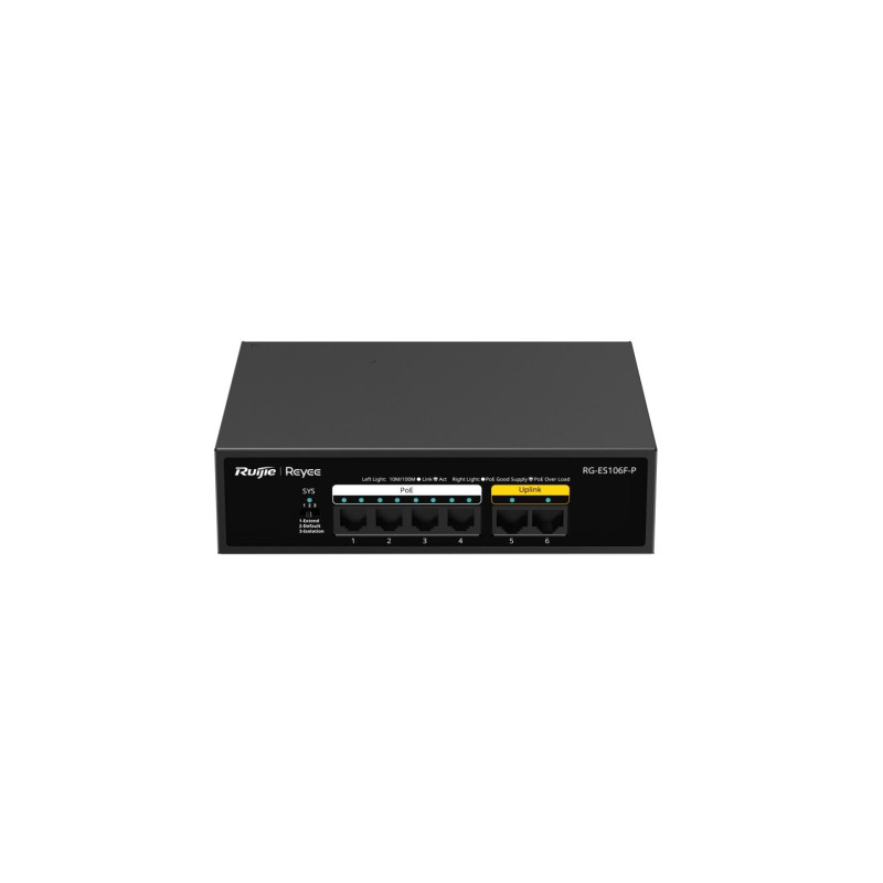 RUIJIE REYEE 6P 10/100MBPS UNMANAGED FANLESS SWITCH-POE (4 PORTS) (54W)-METAL CASING,3YR